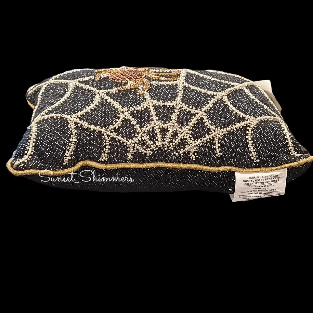 Witch Crafters Halloween Seguin Spider Beaded Spiderweb Pillow Spooky Decor 14